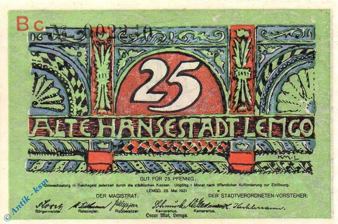 Notgeld De 25 Pf. Um 1921 Notgeld Lemgo, 25 Pfennig Schein In Kfr ...