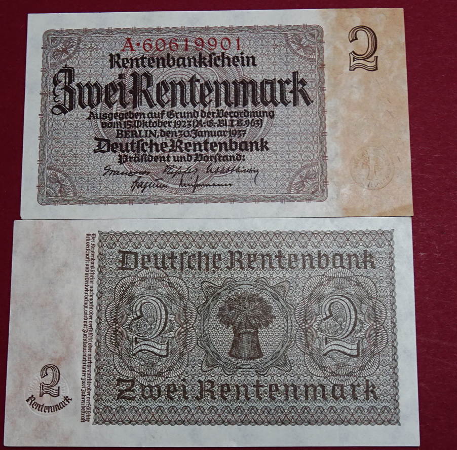 Banknoten Ros. 167 B, Banknote über 2 Mark Rentenmark Vom 30.01.1937, 8 ...