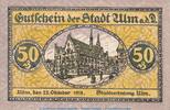 Kleingeld 1914-1922 50 Pf. Notgeld Stadt Ulm , 50 Pfennig Schein in kfr. Tieste 7520.10.06 von 1918 , WÜR -