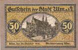 Kleingeld 1914-1922 50 Pf. Notgeld Stadt Ulm , 50 Pfennig Schein in kfr. Tieste 7520.10.02 von 1918 , WÜR -