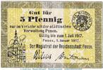 Kleingeld 1914-1922 DE 5 Pf. Posen , Tieste 5715.50.06 Notgeld 5 Pfennig Schein in gbr. von 1917 , Posen -