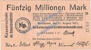 Großnotgeld Inflation De 50 Mio. Mk. Montabaur , Banknote 50 Millionen Mark Schein in gbr. Keller 5308.K Hessen 1923 -