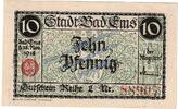 Kleingeld 1914-1922 DE 10 Pf. Bad Ems , Notgeld 10 Pfennig Schein in kfr. Tieste 1715.05.15 , Hessen von 1918 -