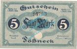 Großnotgeld 1918 5 Mk. Pößneck , 5 Mark Notgeld Schein in kfr. Geiger 420.01.d , Thüringen von 1918 -