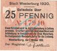 Notgeld DE 25 Pf. Westerburg , Notgeld 25 Pfennig Schein in kfr. Tieste 7850.05.16 , Hessen 1920 -