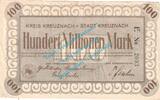 Inflation DE 100 Mio. Mk. Kreuznach , Notgeld 100 Millionen Mark Schein in gbr. Keller 2813.f , Rheinland -