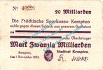 Inflation DE 20 Mia. Mk. Kempten , Notgeld 20 Milliarden Mark Schein in gbr. Keller 2608.b , Bayern 1923 -