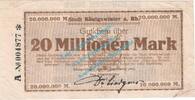 Inflation DE 20 Mio. Mk. Königswinter , Notgeld 20 Millionen Mark Schein in gbr. Keller 2774.m , RHL 1923 -