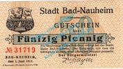 Notgeld DE 50 Pf. Bad Nauheim , Notgeld 50 Pfennig Schein in kfr. Tieste 4765.05.01 , Hessen 1917 -