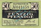 Notgeld DE 50 Pf. Zwickau , Notgeld 50 Pfennig Schein in kfr. Tieste 8305.40.15 , Sachsen o.D. -
