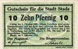 Notgeld DE 10 Pf. Stade , Notgeld 10 Pfennig Schein in kfr. Tieste 7040.05.05 , Niedersachsen 1918 -
