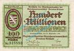 Inflation DE 100 Mio. Mk. Dresden , Notgeld 100 Millionen Mark Schein in gbr. Bühn 1240.12 , Sachsen 1923 -