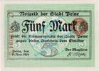 Großnotgeld 1918 5 Mk. Peine , Notgeld 5 Mark Schein in kfr. Geiger 410.07.a , Niedersachsen von 1918 -