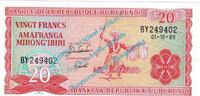 Burundi 20 Francs Banknote Burundi - Burundi , 20 Francs Schein -Tänzer re.- von 1989 in unc - kfr -