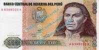 Peru 500 Intis Banknote Peru , 500 Intis Schein -Tupac Amaru II- von 1985-87 in unc - kfr -
