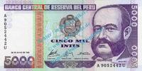 Peru 5.000 Intis Banknote Peru , 5.000 Intis Schein -Miguel Grau- von 1988 in unc - kfr -