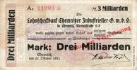 Inflation 1923 DE 3 Mia. Mk. Chemnitz , Banknote 3 Milliarden Mark Scheck in gbr. Keller 756... Sachsen 1923 -