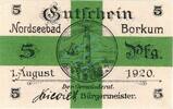 Kleingeld 1914-1922 5 Pf. Borkum , Notgeld 5 Pfennig Schein unc-kfr. Ti.0845.05.15 , Niedersachsen 1920 Ve -
