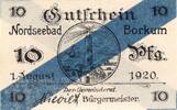 Kleingeld 1914-1922 10 Pf. Borkum , Notgeld 10 Pfennig Schein unc-kfr. Ti.0845.05.16 , Niedersachsen 1920 V -