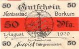 Kleingeld 1914-1922 50 Pf. Borkum , Notgeld 50 Pfennig Schein unc-kfr. Ti.0845.05.17 , Niedersachsen 1920 V -