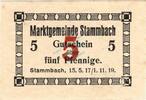Kleingeld 1914-1922 5 Pf. Stammbach , Notgeld 5 Pfennig Schein unc-kfr. Ti.7070.05.70 Bayern 1917 Verkehrs -