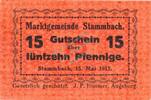 Kleingeld 1914-1922 15 Pf. Stammbach , Notgeld 15 Pfennig Schein unc-kfr. Ti.7070.05.42 Bayern 1917 Verkehr -
