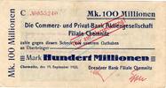 Inflation 1923 DE 100 Mio. Mk. Chemnitz , Banknote 100 Millionen Mark Scheck gbr. Bühn 584.41 , Sachsen 1923 -