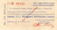 Inflation 1923 DE 100 Mio. Mk. Chemnitz , Banknote 100 Millionen Mark Scheck gbr. Bühn 580.77 , Sachsen 1923 -