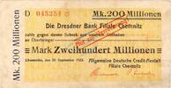 Inflation 1923 DE 200 Mio. Mk. Chemnitz , Banknote 200 Millionen Mark Scheck gbr. Bühn 573.46 , Sachsen 1923 -