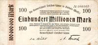 100 Mio. Mk. 1923 Inflation 1923 DE Datteln , Banknote 100 Millionen Mark Schein gbr. Keller 961 , Westfalen 1923 zirkuliert , 3