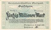 Inflation 1923 DE 50 Mio. Mk. Stuttgart , Banknote 50 Millionen Mark Schein in unc-kfr. Keller 4926.e , 1923 -