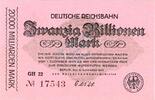 Reichsbahn 1923 DE 20 Billionen Mk. Banknote , 20 Billionen Mark Schein unc-kfr. M-G.29.h, RVM-19, S.1031 Reichsbahn -