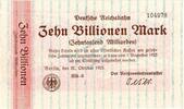Reichsbahn 1923 DE 10 Billionen Mk. Banknote , 10 Billionen Mark Schein unc-kfr. RVM-17, S.1030, Reichsbahn 1923 -
