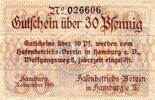 Kleingeld 1914-1922 30 Pf. Hamburg , Notgeld 30 Pfennig Schein unc-kfr. Ti.2765.145.05 , Hamburg 1919 Verke -