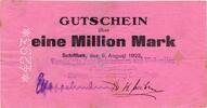 Inflation 1923 DE 1 Mio. Mk. Schiffbek , Banknote 1 Million Mark Schein in gbr. Keller 4957.a Schleswig 1923 -