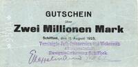 Inflation 1923 DE 2 Mio. Mk. Schiffbek , Banknote 2 Millionen Mark Schein in gbr. Keller 4957.b , Schleswig -