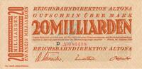 Inflation 1923 DE 20 Mia. Mk. Altona , Banknote 20 Milliarden Mark Schein in unc-kfr. Keller 80.k , Schleswig -