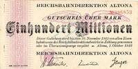 Inflation 1923 DE 100 Mio. Mk. Altona , Banknote 100 Millionen Mark Schein in unc-kfr. Keller 80.i , Schleswig -