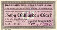 Inflation 1923 DE 10 Mia. Mk. Hamburg , Banknote 10 Milliarden Mark Scheck unc-kfr. Keller 2126.a Hamburg 1923 -