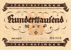 Inflation 1923 DE 100.000 Mk. Ratingen , Banknote 100.000 Mark Schein unc-kfr. Keller 4443.a , Rheinland 1923 -