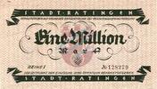Inflation 1923 DE 1 Mio. Mk. Ratingen , Banknote 1 Million Mark Schein unc-kfr. Keller 4443.a Rheinland 1923 -