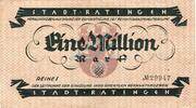 Inflation 1923 DE 1 Mio. Mk. Ratingen , Banknote 1 Million Mark Schein gbr. Keller 4443.a , Rheinland 1923 -