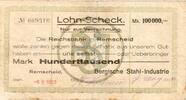Inflation 1923 DE 100.000 Mk. Remscheid , Banknote 100.000 Mark Scheck gbr. Keller 4520.k , Rheinland 1923 Inf -