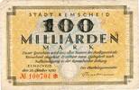 Inflation 1923 DE 100 Mia. Mk. Remscheid , Banknote 100 Milliarden Mark Schein gbr-. Keller 4515.h , Rheinland -