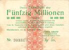 Inflation 1923 DE 50 Mio. Mk. Rheinhausen , Banknote 50 Millionen Mark gbr. Keller 4558.e , Rheinland 1923 Inf -