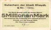 Inflation 1923 DE 5 Mio. Mk. Rheydt , Banknote 5 Millionen Mark Schein gbr. Keller 4561.f , Rheinland 1923 -