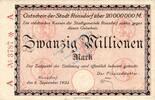 Inflation 1923 DE 20 Mio. Mk. Ronsdorf , Banknote 20 Millionen Mark Scheck L-gbr. Keller 4618.d Rheinland 1923 -
