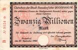 Inflation 1923 DE 20 Mio. Mk. Ronsdorf , Banknote 20 Millionen Mark Scheck gbr. Keller 4618.e , Rheinland 1923 -