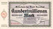 Inflation 1923 DE 100 Mio. Mk. Ronsdorf , Banknote 100 Millionen Mark Schein unc-kfr. Keller 4618.f , Rheinland -
