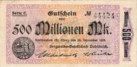Inflation 1923 DE 500 Mio. Mk. Rotthausen , Banknote 500 Millionen Mark Schein unc-kfr. Keller 4652.c , Rheinla -
